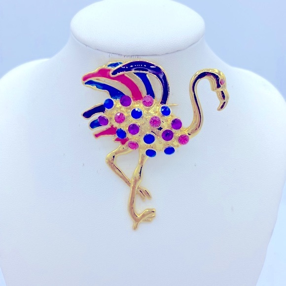 Signed FOX Rhinestone & Enamel Gold Filled Flamingo Pin/Brooch Costume Jewelry - Picture 4 of 6